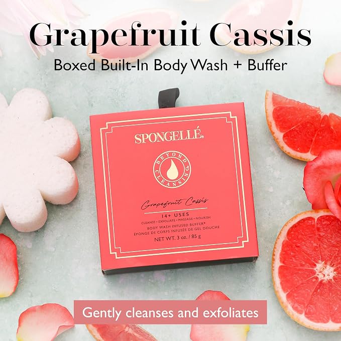 Spongellé Grapefruit Cassis Wild Flower Bath Sponge with Box for Mothers Day Gift | Built-in Body Wash & Body Scrubber, Shower Loofah Sponge for Women | 14+ uses
