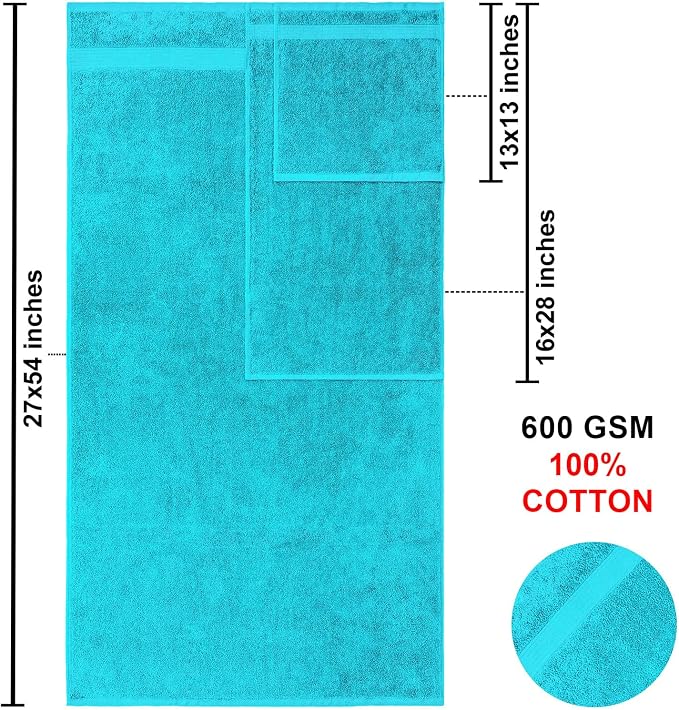 American Bath Towels 100% Cotton 6 Piece Turkish Towel Set, Ultra Soft Absorbent Bathroom Towels, 2 Bath Towel 2 Hand Towels 2 Washcloths, Aqua Blue
