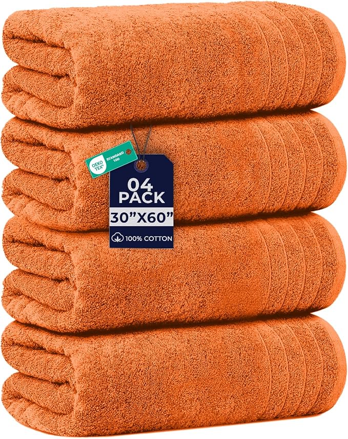 DAN RIVER Extra Large Bath Towels Set of 4, 30 x 60 Inches - 100% Cotton Larger & Lighter Weight Towels for Bathroom - Quicker to Dry, Super Soft & Highly Absorbent Towels for Home, Orange