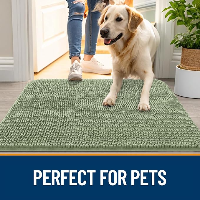 OLANLY Dog Door Mat for Muddy Paws 50x30, Absorbs Moisture and Dirt, Absorbent Non-Slip Washable Doormat, Quick Dry Chenille Mud Mat, Entry Indoor Entryway Carpet for Inside Floor, Sage Green