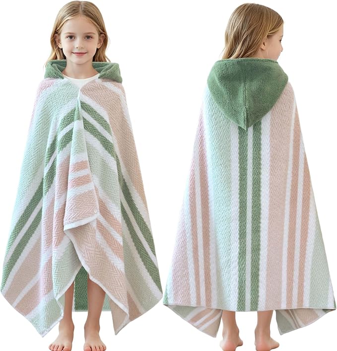 VOOVA & MOVAS Kids Hooded Towel Wrap(Ages 6-10) – 100% Cotton, Soft & Absorbent, Fast-Drying, Versatile Beach, Pool, Swim & Bath Cover-Up, Green Blush Stripe