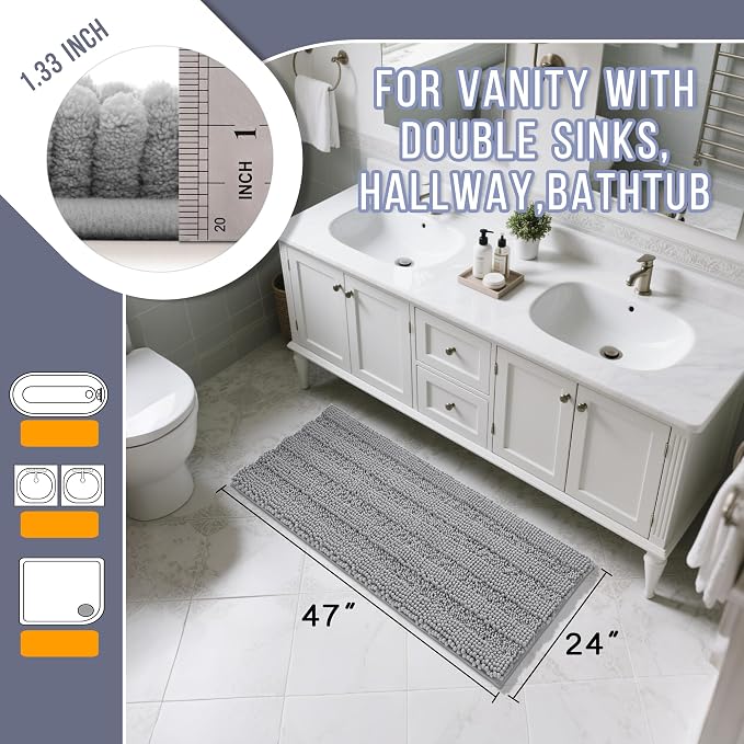 Yimobra Bathroom Rug Mat 47 x 24, Non Slip and Super Absorbent Bath Mat,Machine Washable Quick Dry,Ultra Plush Chenille Shower Rugs for Bathroom Floor Sink Tub and Shower Outside,Gray