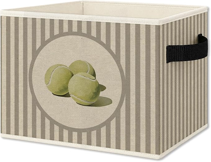 Vintage Tennis Storage Bins Box with Handles, Golfing Sports Decor for Boys, Blue Striped Tennis Ball Aesthetic Collapsible Organizer Basket for Nursery Room Bedroom Playroom Toys Books