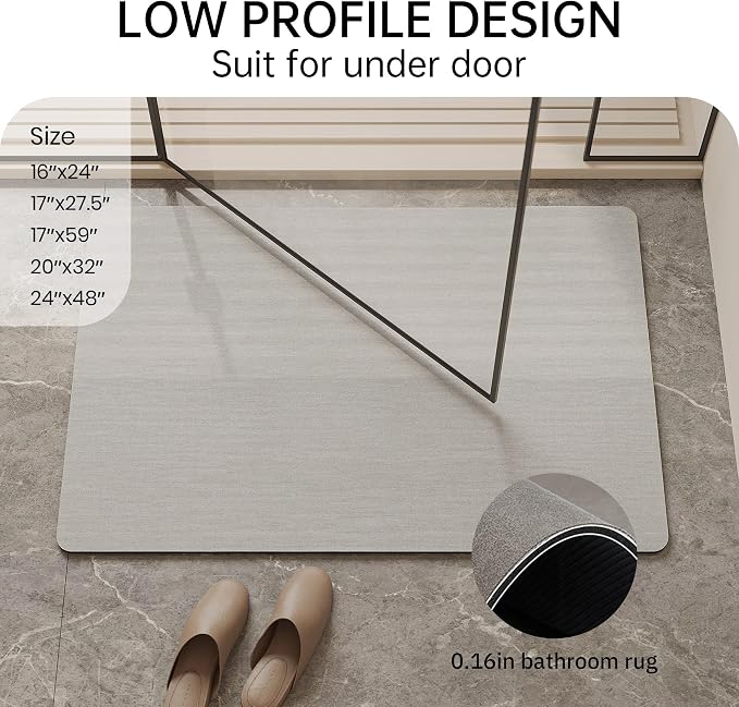 Mecko Bath Mat Rug, Ultra Thin Bathroom Rug -Rubber Non-Slip Quick Dry Absorbent Bath Mat Fit Under Door, Faux Suede Surface Bathroom Floor Mats for Bath, Shower, or Sink (Light Grey,20"x32")