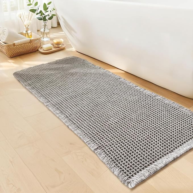 Waffle Bath Mat - Boho Bathroom Rugs Non Slip Washable, Super Absorbent & Quick Dry, Soft Bath Mat Farmhouse Bathroom Decor, 20'' x 48'', Light Grey