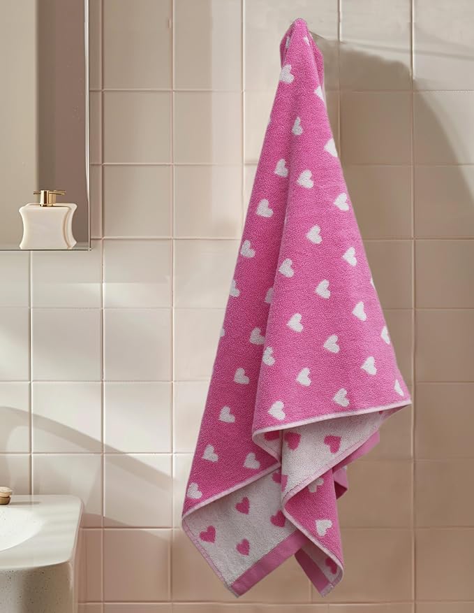 ORIGINAL KIDS 6 Piece Towel Set - Bath Time Hearts - 2 Bath Towels, 2 Hand Towels, 2 Washcloths - 100% Cotton Jacquard Colorful Soft Absorbent Pool Beach Kids Towel Gift - Pink White