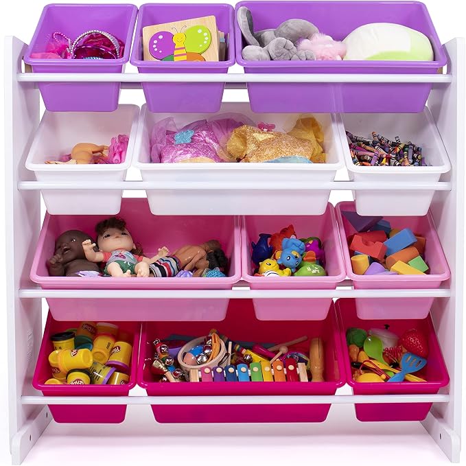 Humble Crew Toy Storage Organizer with 12 Removable Storage Bins for Kids Playroom, 4-Tier Toddler Toy Organization, White/Purple/Pink
