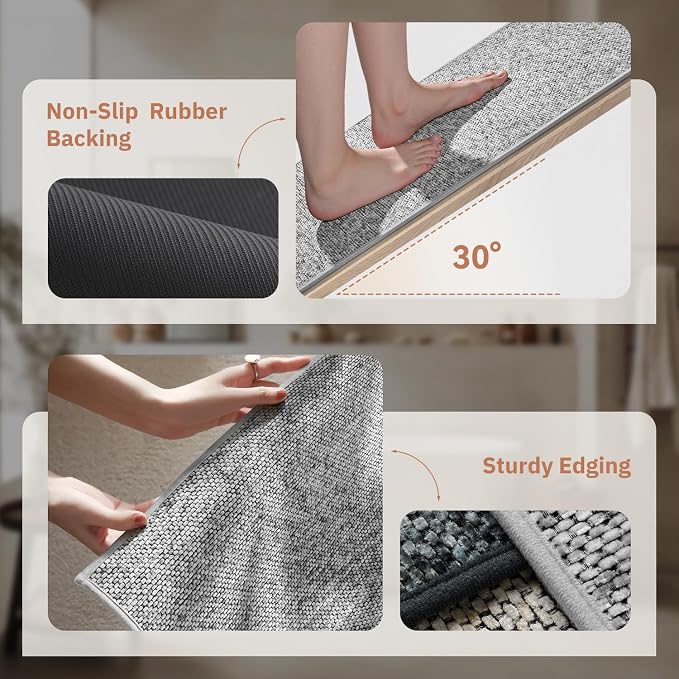 PADOOR Thin Bath Mats, Braided Bath Mats for Bathroom, No-Slip Rubber Backed Bath Rugs, Machine Washable & Quick Dry Absorbent Bathroom Mat (20"x32", Grey)