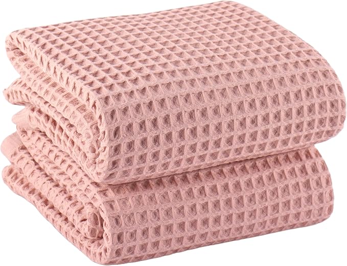 PÜSKÜL Natural 100% Turkish Cotton Waffle Bath Towels Set of 2-Piece | 32x63 inch Extra Large Absorbent Quick-Dry Lightweight Spa Towel | Luxury Sauna Accessories (Pink Powder Bath Towels - Pack of 2)