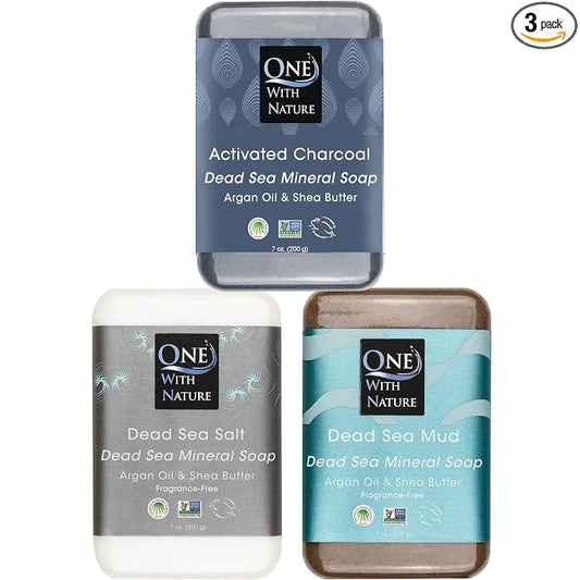One With Nature Dead Sea Soap 7oz Variety 3Pk-Dead Sea Mud, Activated Charcoal, and Dead Sea Salt-Detoxifying and Exfoliating Soap Bars with Dead Sea Salt for Face & Body, for Men & Women