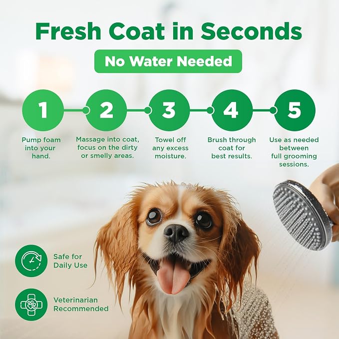 FreshSpritz Waterless Foaming Pet Shampoo with Aloe, No-Rinse Wash for Dogs, Cats & Small Pets - for Odor & Dander, Non-Sticky, Plant-Based Scent, Fast-Drying Grooming Foam - 250ml 8.5 fl oz