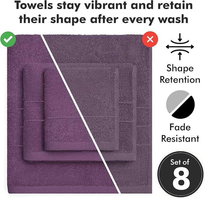 Bath Towels Set of 8 – 100% Cotton (Dark Purple) Bathroom Towel Set Bale Includes 2 Bath, 2 Hand, 4 Face Towels – Soft, Absorbent & Quick Dry Towel for Bathroom, Spa, Kitchen, Hotel Use