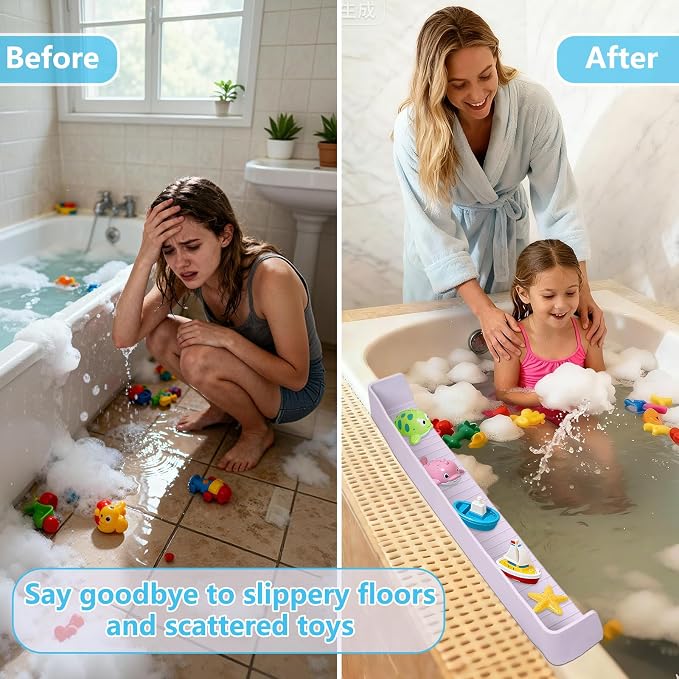 Bathtub Splash Guard for Kids, 2-in-1 Bath Toy Organizer Tub Shelf | Stops bathtub splashes, Keeps floors dry, 11 strong suction cups, Flexible safe silicone, Bonus kids shower cap