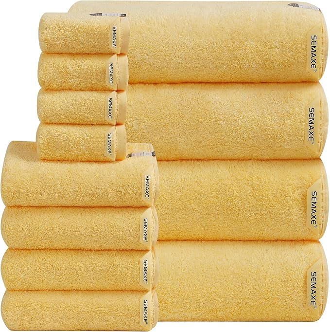 12-Piece Cotton Bath Towel Set with Hanging Loops for Bathroom, Yellow | Balanced towel set for family showers, sink-side use, guest baths, and wash-day rotation, OEKO-TEX certified, easy care