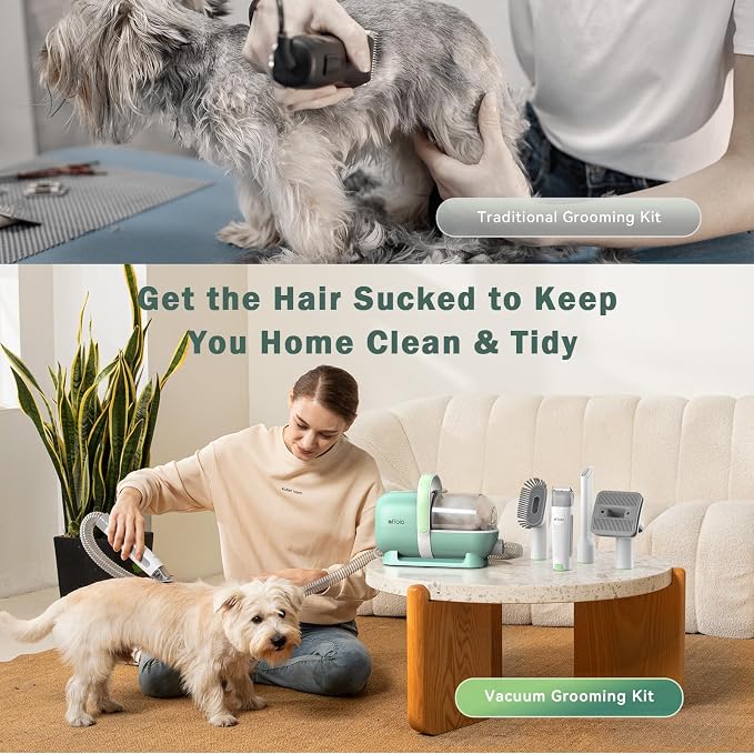 Afloia 6-in-1 Dog Grooming Kit, Pet Grooming Vacuum for Shedding, Dog Hair Vacuum with Clipper Nail Trimmer Grinder, Pet Brush Groomer at Home, Low Noise Cats Hair Remover, 1.5L Dust Cup, Green