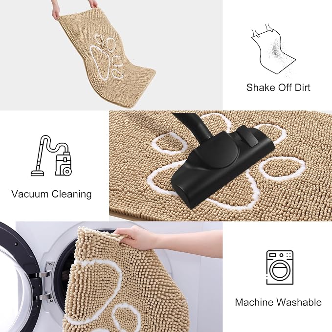 Smiry Dog Door Mat for Muddy Paws, Absorbent Dirt Trapper Non Slip Quick Dry Washable Chenille Mat for Mud Dogs, Entry Rug for Indoor and Outdoor (30x20 Inches, Beige and White)
