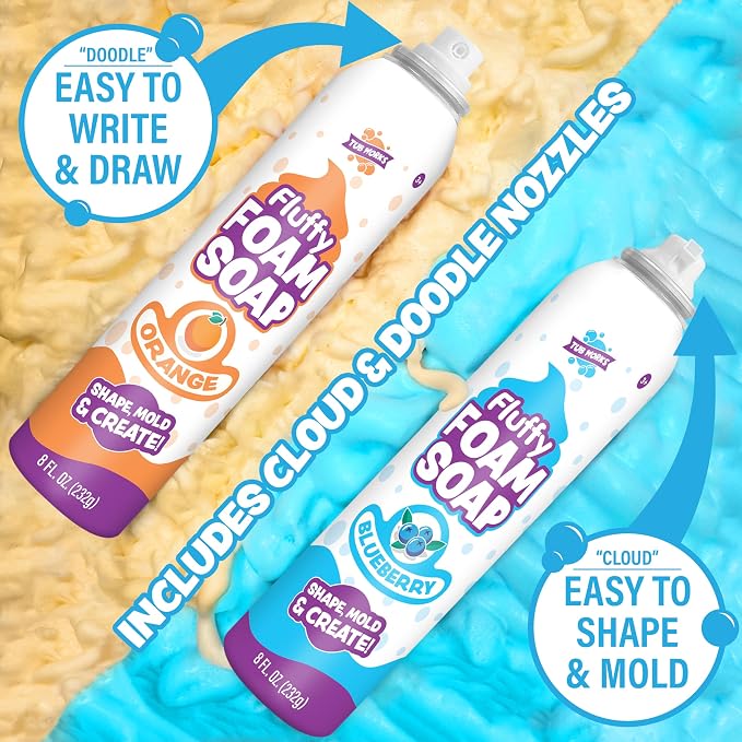 Tub Works® Fluffy Foam Soap, Variety 6 Pack | Shape, Mold & Create Bath Art with Soft Bath Foam for Kids | Gentle, Cleansing Kids Bath Soap | Easy-to-Use Spray Nozzles | Fruity, Fun Bath Colors