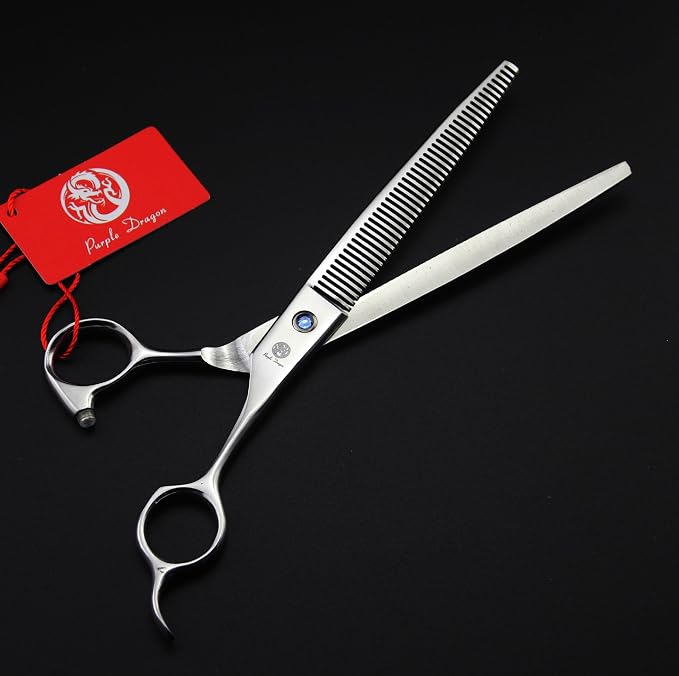 Purple Dragon 8 inch 3 in 1 Professional Pet Grooming Thinning Scissors - Upward Curved Shears and Dog Hair Cutting Scissor - Perfect for Pet Groomer or Family DIY Use (Silver)
