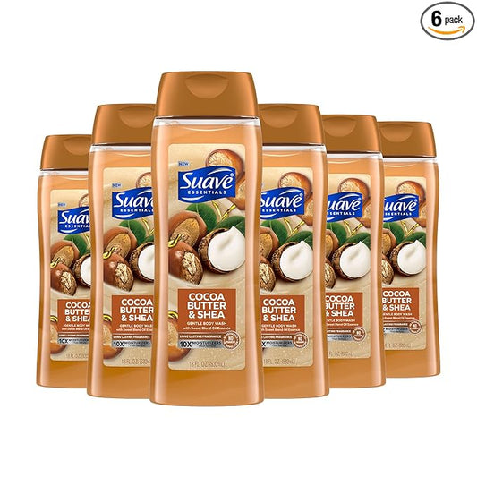 Suave Moisturizing Body Wash, Cocoa Butter and Shea with Vitamin E Extract, No Parabens, No Phtahaltes, 18 Oz Pack of 6