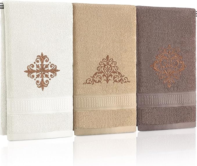 FuWeave 3 Pcs Vintage Brown Hand Towels Fancy Decorative Bathroom Towels 13.3 x 29.5'' Luxury Damascus Embroidered 100% Cotton Soft Absorbent for Bathroom Kitchen Boho Decor