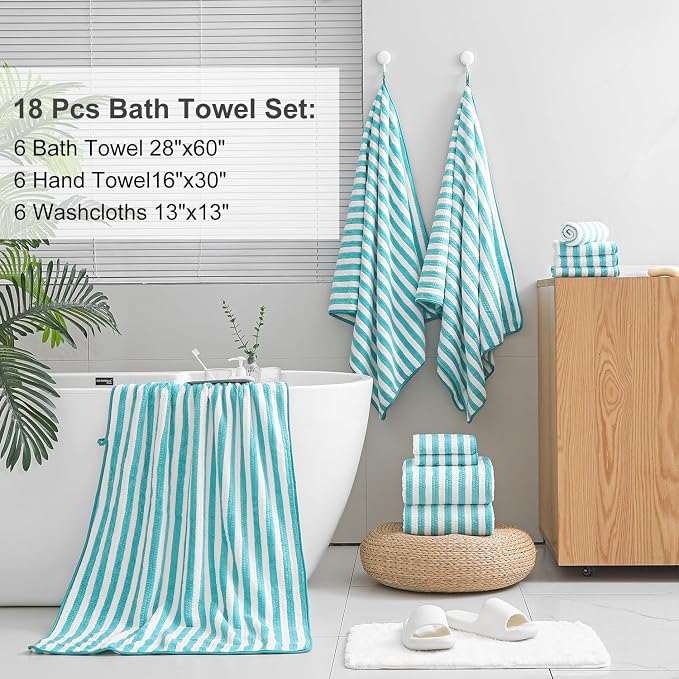Smuge 18 Pcs Bath Towel Set, Include 6 Bath Towel Sheets, 6 Hand Towels and 6 Washcloths - Highly Absorbent Quick Dry Microfiber,Ultra Soft Bathroom Towel Set with Hanging Loop - Sea Blue
