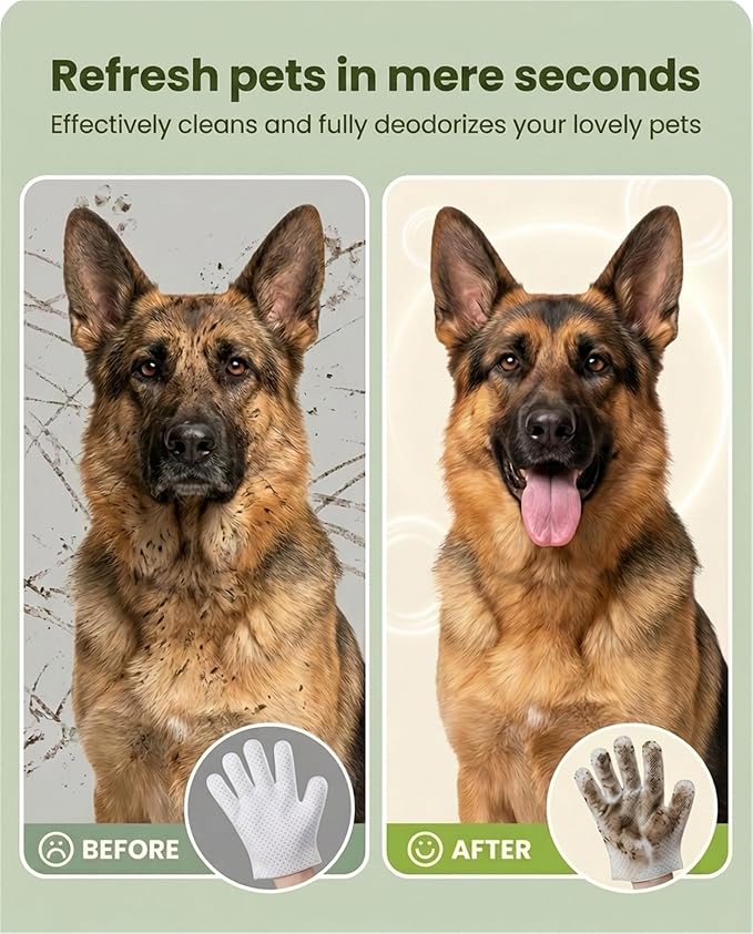 Pet Glove Wipes, Dual Sides Deodorizing Hypoallergenic No-Rinse Grooming Mitts with Natural Extracts Bath Cleaning for Dogs, Cats, Rabbits