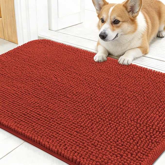 OLANLY Dog Door Mat for Muddy Paws 24x16, Absorbs Moisture and Dirt, Absorbent Non-Slip Washable Doormat, Quick Dry Chenille Mud Mat for Dogs, Entry Indoor Entryway Carpet for Inside Floor, Maple Red