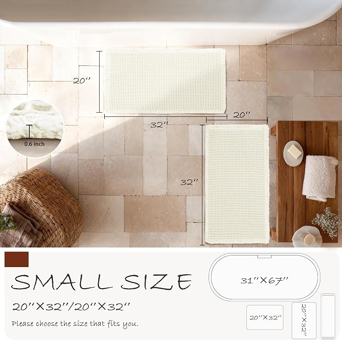 DWCN Waffle Bathroom Mat Set, Super Absorbent Non Slip Bath Rug Set for Bathroom Floor, Shower Mats 2 Piece for Tub, Washable Kitchen Rugs for Farmhouse Boho Decor, 20 x 32 Inch, Ivory
