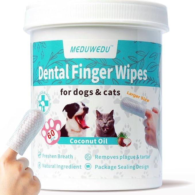 MEDUWEDU Wider Dental Care Finger Wipes 60 Counts,Teeth Cleaning Finger Wipes for Dogs & Cats,Reduces Plaque & Supports Oral Freshness, Coconut Scent