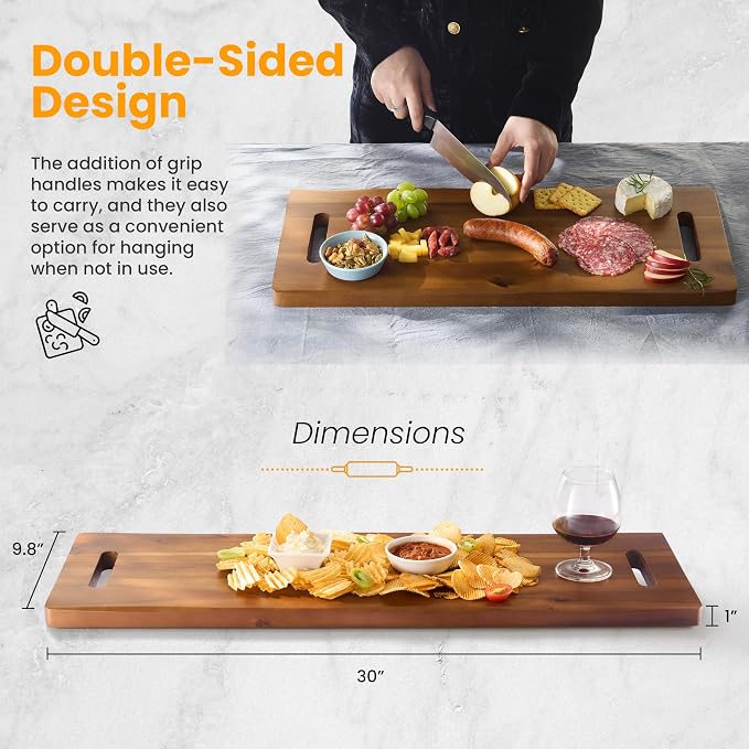 TIDITA 30" Large Acacia Wood Charcuterie Board with Handles - Extra Long Wooden Serving Cheese Boards - Rectangular Serving Platter for Meat Steak, Cracker Appetizers, Fruit Decorative Display Party