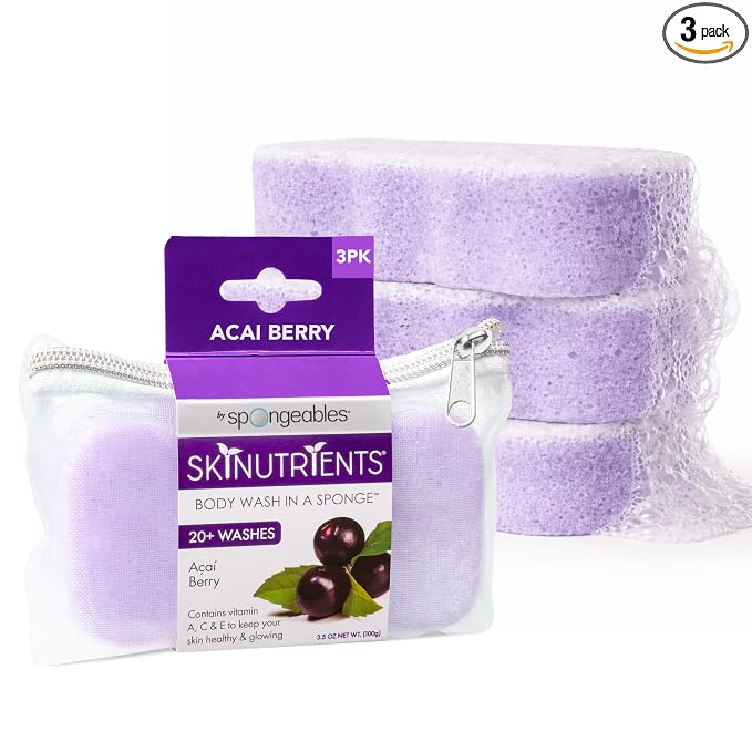 Spongeables Body Wash in a 20+ Wash Sponge, Acai Berry, 3 Count