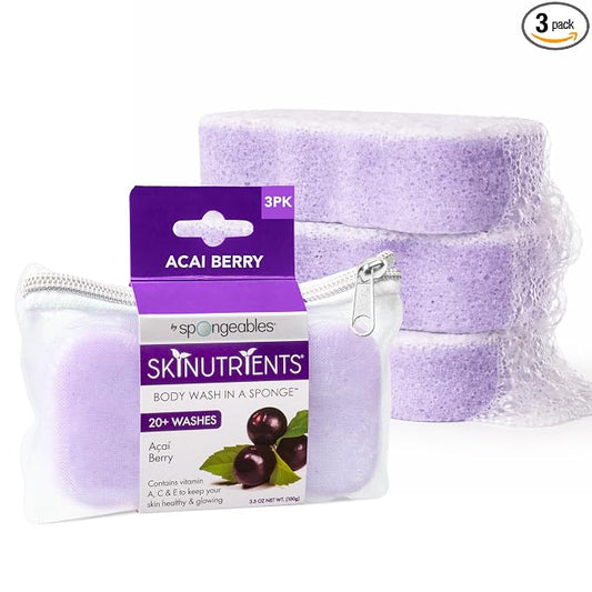 Spongeables Body Wash in a 20+ Wash Sponge, Acai Berry, 3 Count