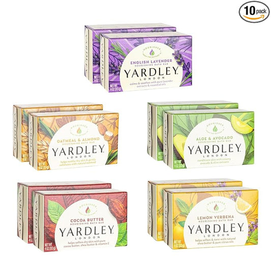 Yardley London Soap Bath Bar Bundle - 10 Bars: English Lavender, Oatmeal and Almond, Aloe and Avocado, Cocoa Butter, Lemon Verbena 4.25 Ounce Bars (Pack of 10 Bars, Two of each)