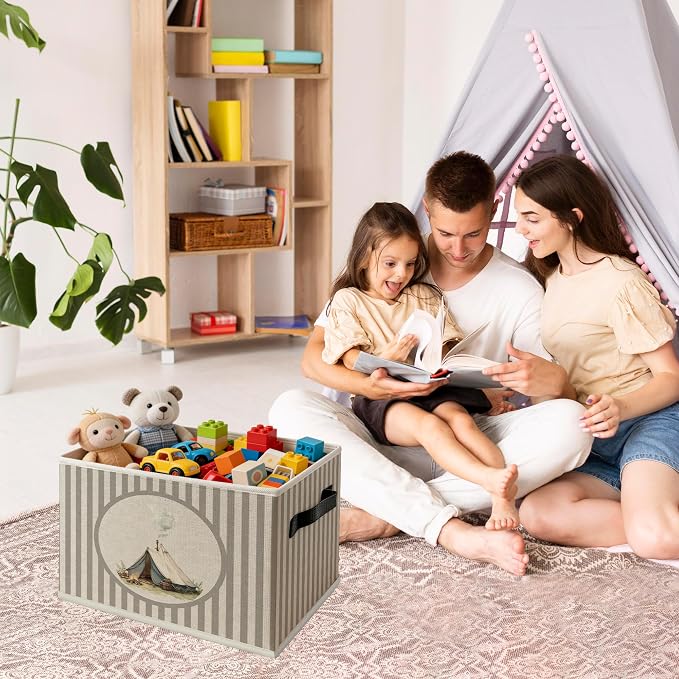 Vintage Camping Foldable Storage Bins Box with Handles, Neutral Striped Camping Camper Collapsible Organizer Basket for Campsite RV Cabin Bedroom Bathroom Clothes Books