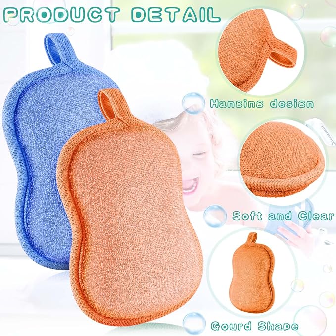 Tatuo 4 Pieces Baby Bath Sponge Soft Comfy Cotton Baby Sponge Toddler Absorbent Loofah for Kids Babies Boy Girl(Orange,Blue)