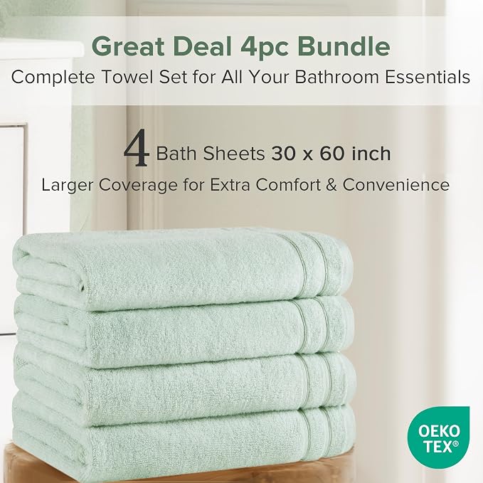 Comfort Spaces 4 Pc Bath Sheet Set 30x60, 100% Cotton 400GSM, Seafoam Green | Oversized 30x60 Bath Sheet, Quick Dry Cotton, Dual Layer Extra Absorbent, Great for Shower or Beach