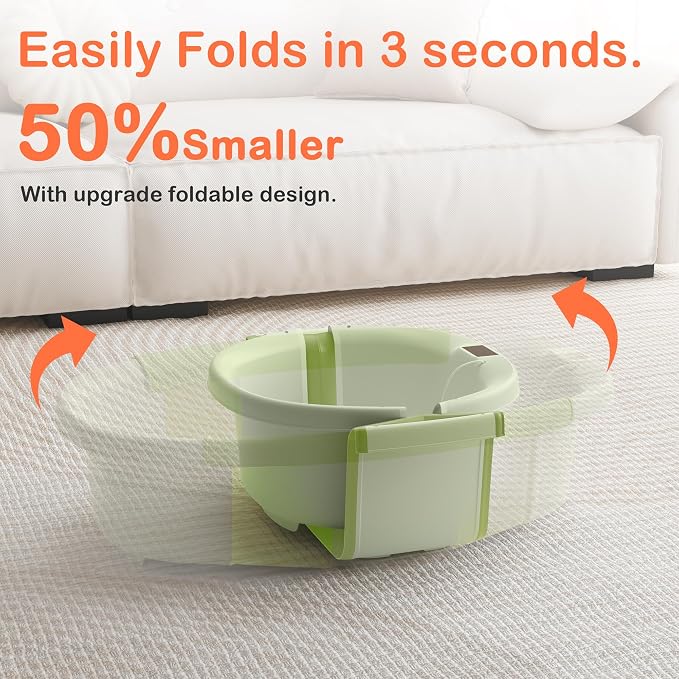 Collapsible Baby Bathtub - Large Baby Bath Tub with Thermometer & Cushion | Travel Portable Newborn Infant Bathtub | Foldable Toddler Bathtub for Baby 0 to 36 Months (Green)