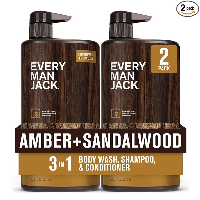 Every Man Jack Amber + Sandalwood Hydrating Mens 3-in-1 All Over Wash for All Skin and Hair Types - Body Wash, Shampoo and Conditioner with Naturally Derived Ingredients - 28.8oz (2 Pack)