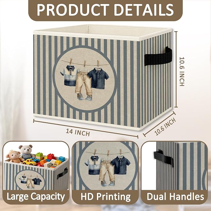 Boy Nursery Foldable Storage Bins Box with Handles, Blue Striped Laundry Clothesline Toddler Boy Collapsible Organizer Basket for Boys Kids Bedroom Bathroom Playroom Clothes Books