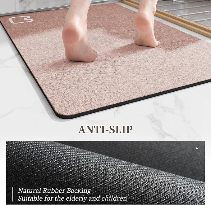 RUERYA Diatomaceous Earth Bath Mat 17" x 59" Extra Long Bathroom Mat Large Fast Dry Super Absorbent Non-Slip Rubber Backed Shower Mat Bath Rugs Mats for Bathroom Floor, Tub, Shower, Sink, Blush Pink