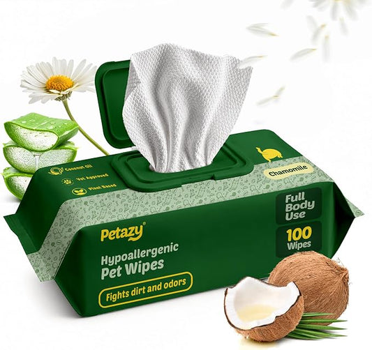 Petazy Pet Wipes for Dogs and Cats – 100 Count (8x8in) Hypoallergenic, Deodorizing Dog Wipes for Paws, Ears and Butt | XL with Aloe & Coconut Oil, Chamomile Scented | Travel Size, On-the-Go Pack