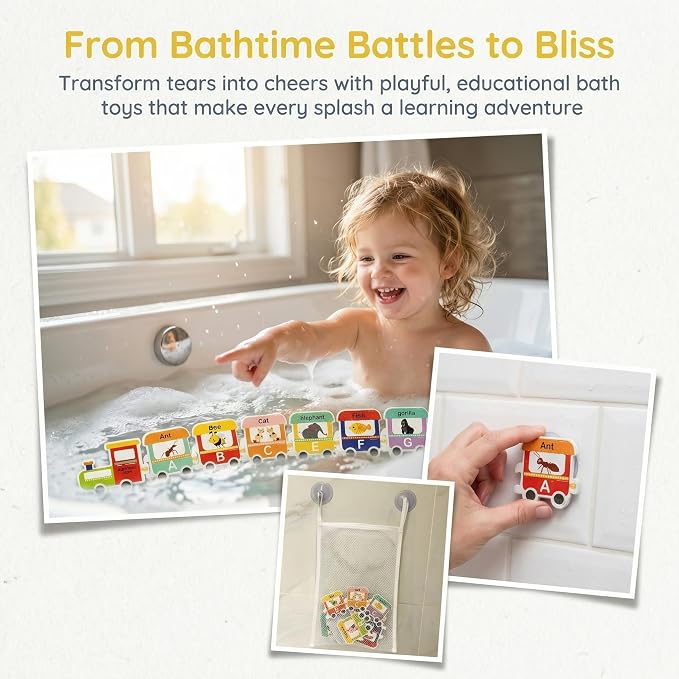 Baby Bath Toys for Toddlers 1-3, Mold Free Foam Bath Letters and Numbers, Alphabet Train Water Toys for Kids Ages 2-4, Bathtub Toy Organizer Storage Bag Included, Gifts for Boys Girls