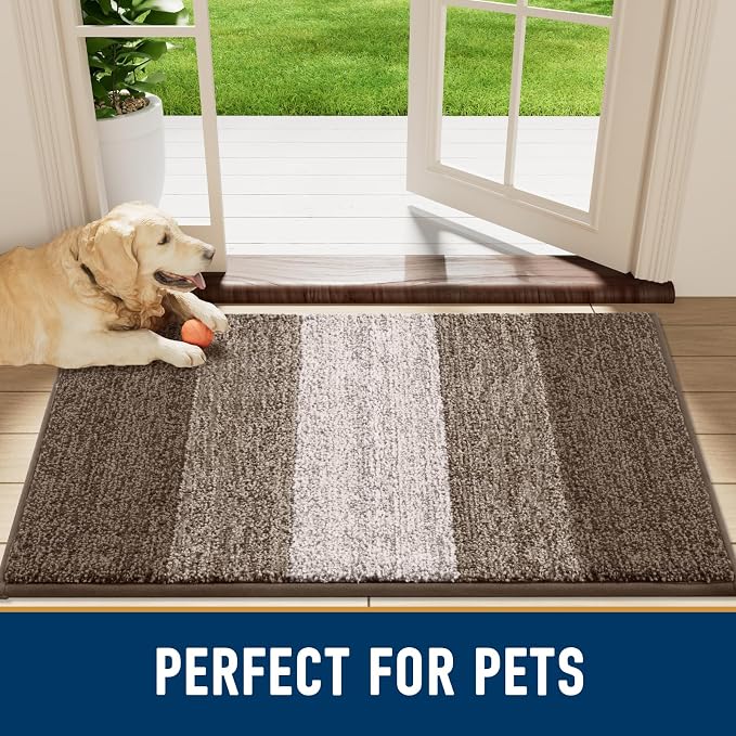 Smiry Dog Door Mat for Muddy Paws, Absorbs Moisture and Dirt, Low-Profile Entryway Mat with Non-Slip Backing, Entry Indoor Outdoor Doormat for Inside Floor (48x32 Inches, Light Brown, Striped)