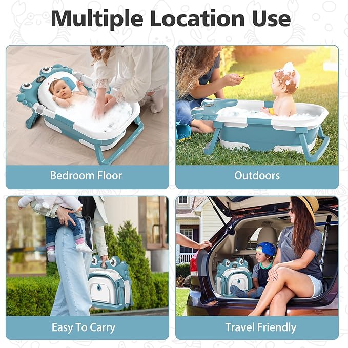 Collapsible Baby Bathtub for Newborns with Thermometer and Soft Floating Cushion Portable and Foldable Travel Baby Girl Bath Tub for Infants to Toddler 0-36 Month (Blue)