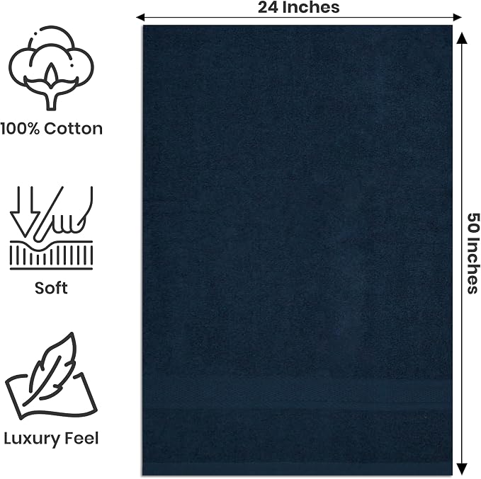 Bath Towels Pack of 6 – 24" x 50" – 100% Cotton Terry, Soft, Quick-Dry & Highly Absorbent – Multi Assorted Towels for Bathroom, Spa, Gym, Hotel, Pool & Everyday Use