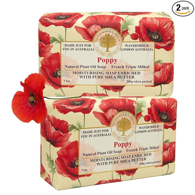 Wavertree & London Poppy Scented Natural Soap (2 Bars), 7oz Moisturizing French Triple Milled Soap Bars enriched with shea butter - Pure Plant Based Bath & Body Bars for All Skin Types