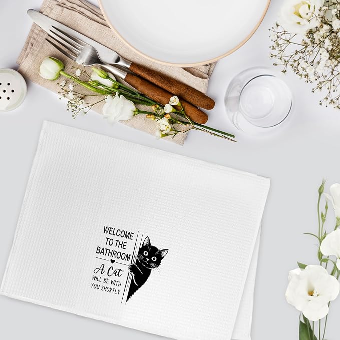 Funny Black Cat Hand Towels for Bathroom, A Cat Will Be with You Shortly Hand Towels, Black Cats Welcome to the Bathroom Dish Tea Towel Decor, Cats Gifts for Women Men, 16x24 Inch