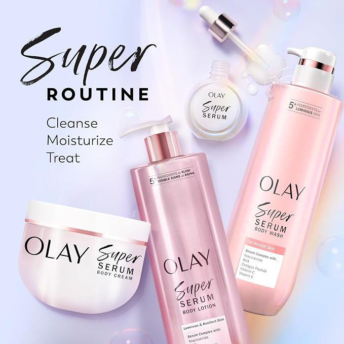 Olay Super Serum Body Wash for Normal Skin, 24hr Long Lasting Rich Hydration, 5+ Ingredient Complex for Bright, Even, Firm, & Luminous Skin, with Collagen Peptide, BHA, Vitamin C, 20 fl oz