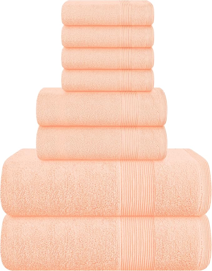 Belizzi Home 8 Piece Towel Set 100% Ring Spun Cotton, 2 Bath Towels 27x54, 2 Hand Towels 16x28 and 4 Washcloths 13x13 - Ultra Soft Highly Absorbent Machine Washable Hotel Spa Quality - Peach