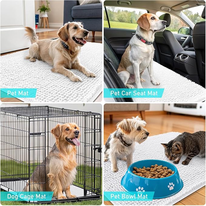 OLANLY Dog Door Mat for Muddy Paws 70x32, Absorbs Moisture and Dirt, Absorbent Non-Slip Washable Doormat, Quick Dry Chenille Mud Mat for Dogs, Entry Indoor Entryway Carpet for Inside Floor, White